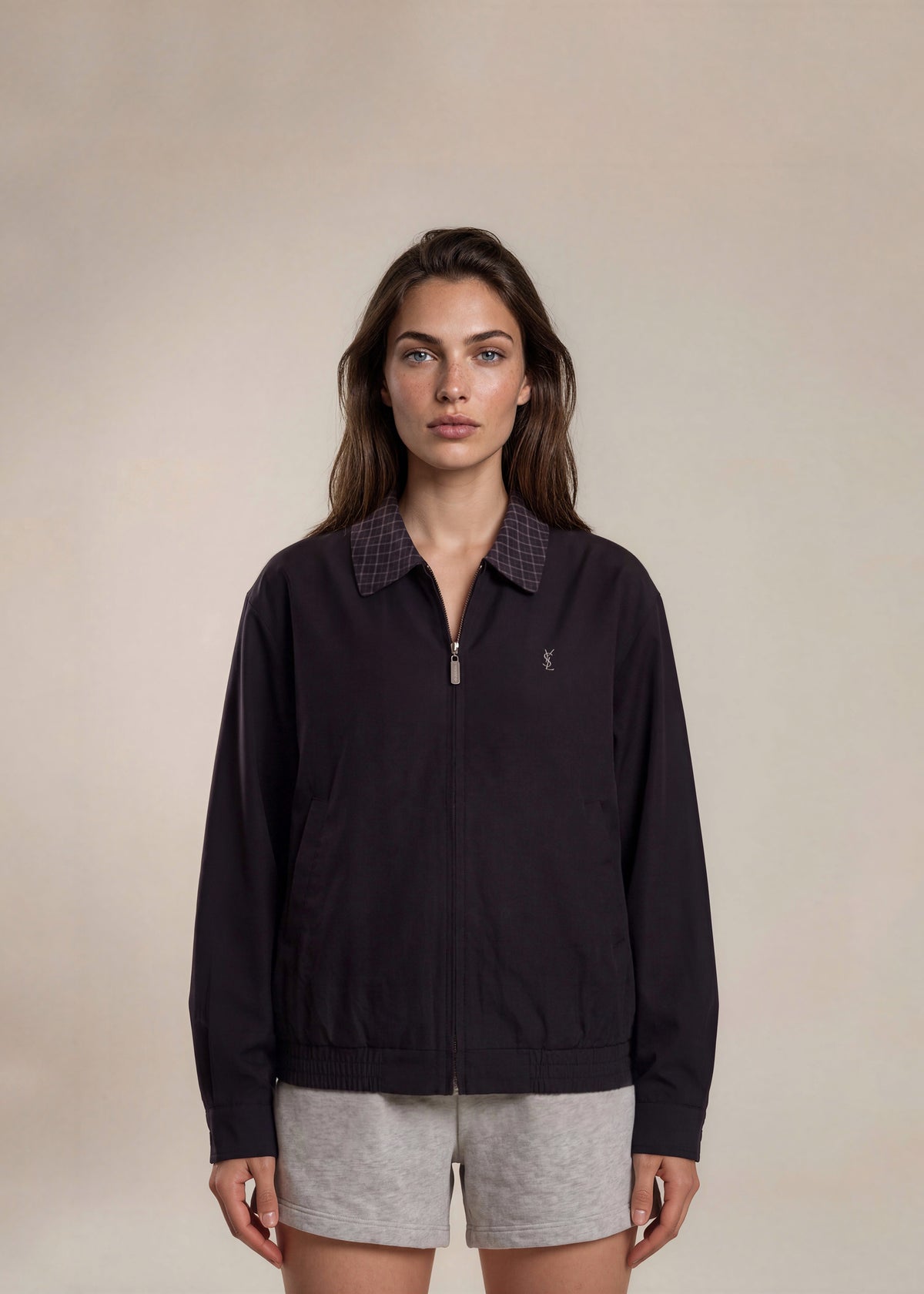 YSL Navy Sheer Bomber with Navy Plaid Collar