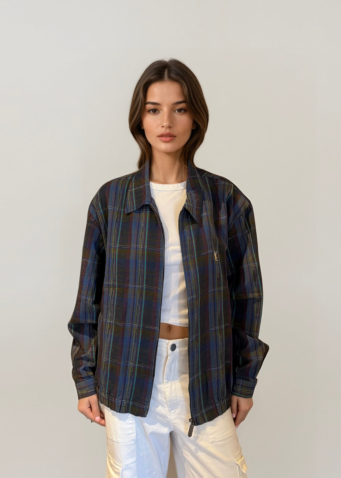 Ysl Purple and Navy Plaid Bomber