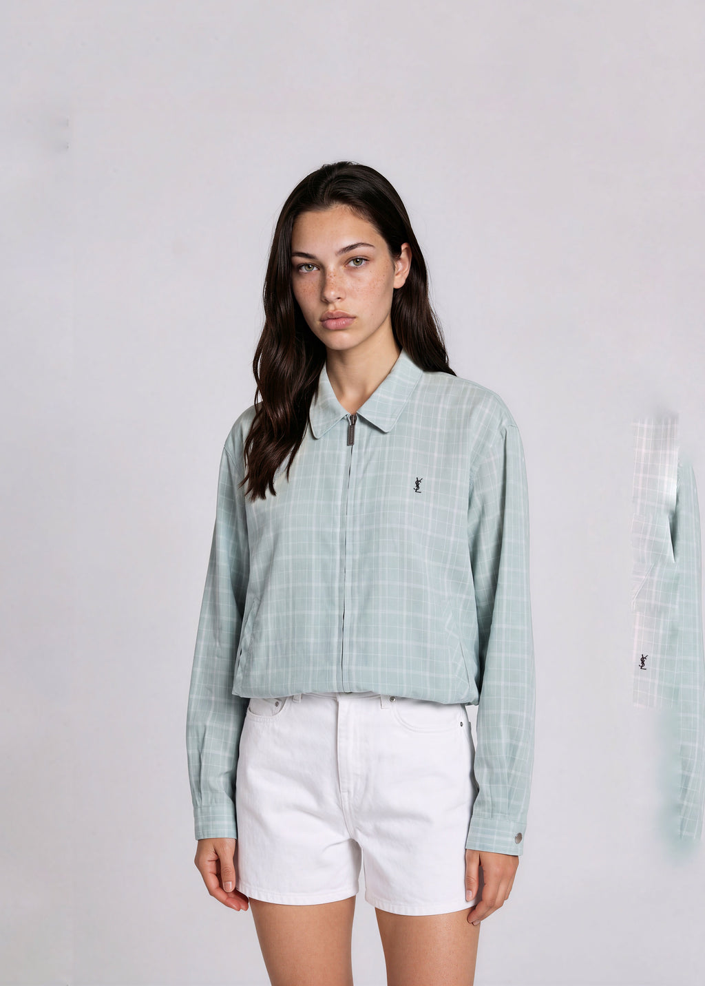 YSL Light Blue Plaid Collared Bomber