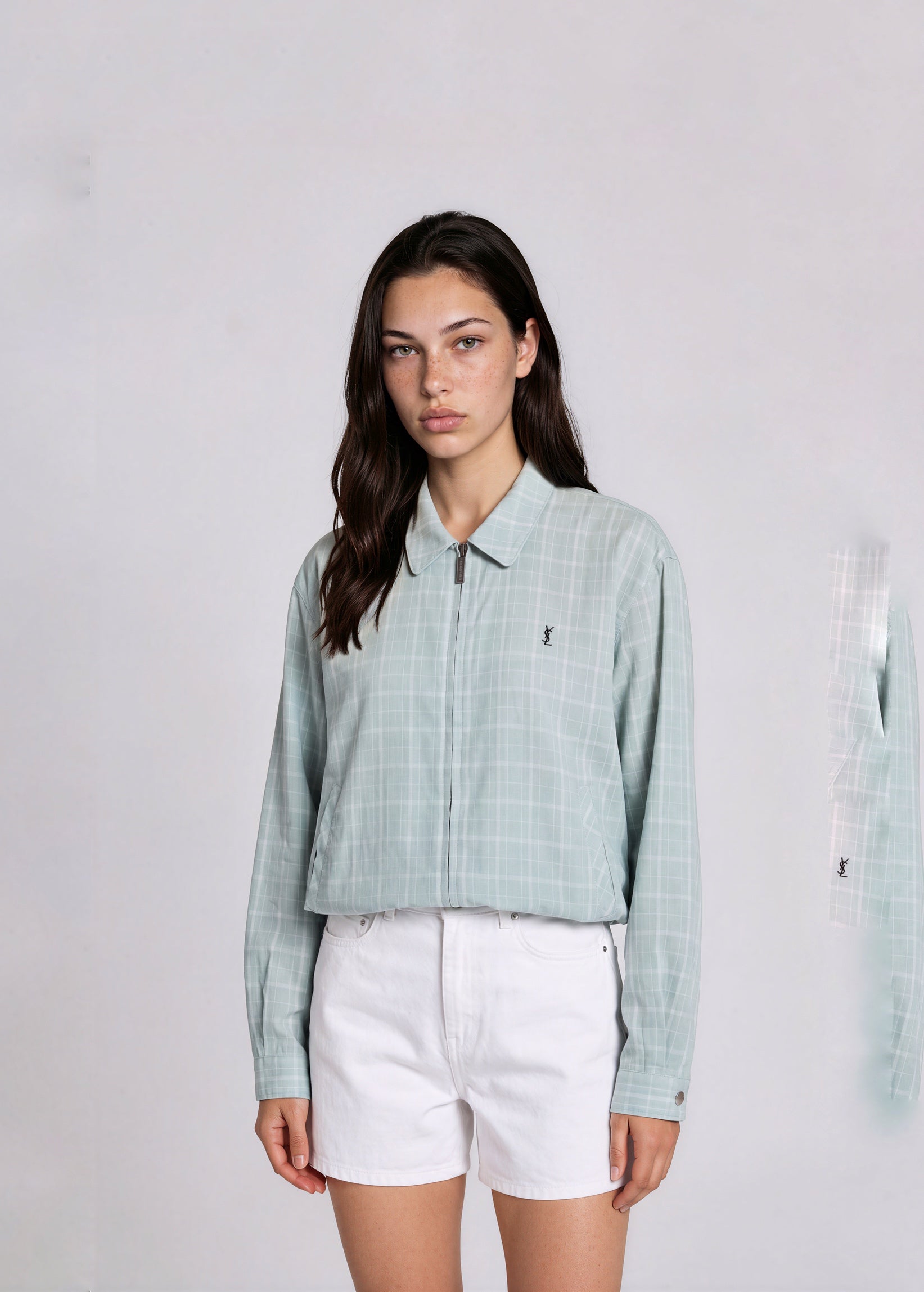 YSL Light Blue Plaid Collared Bomber