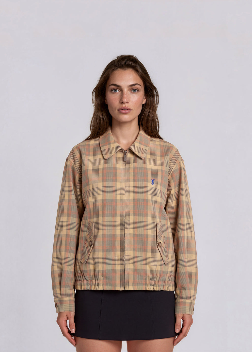 YSL Yellow and Red Plaid Collared Bomber with Blue Logo
