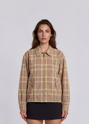 YSL Yellow and Red Plaid Collared Bomber with Blue Logo