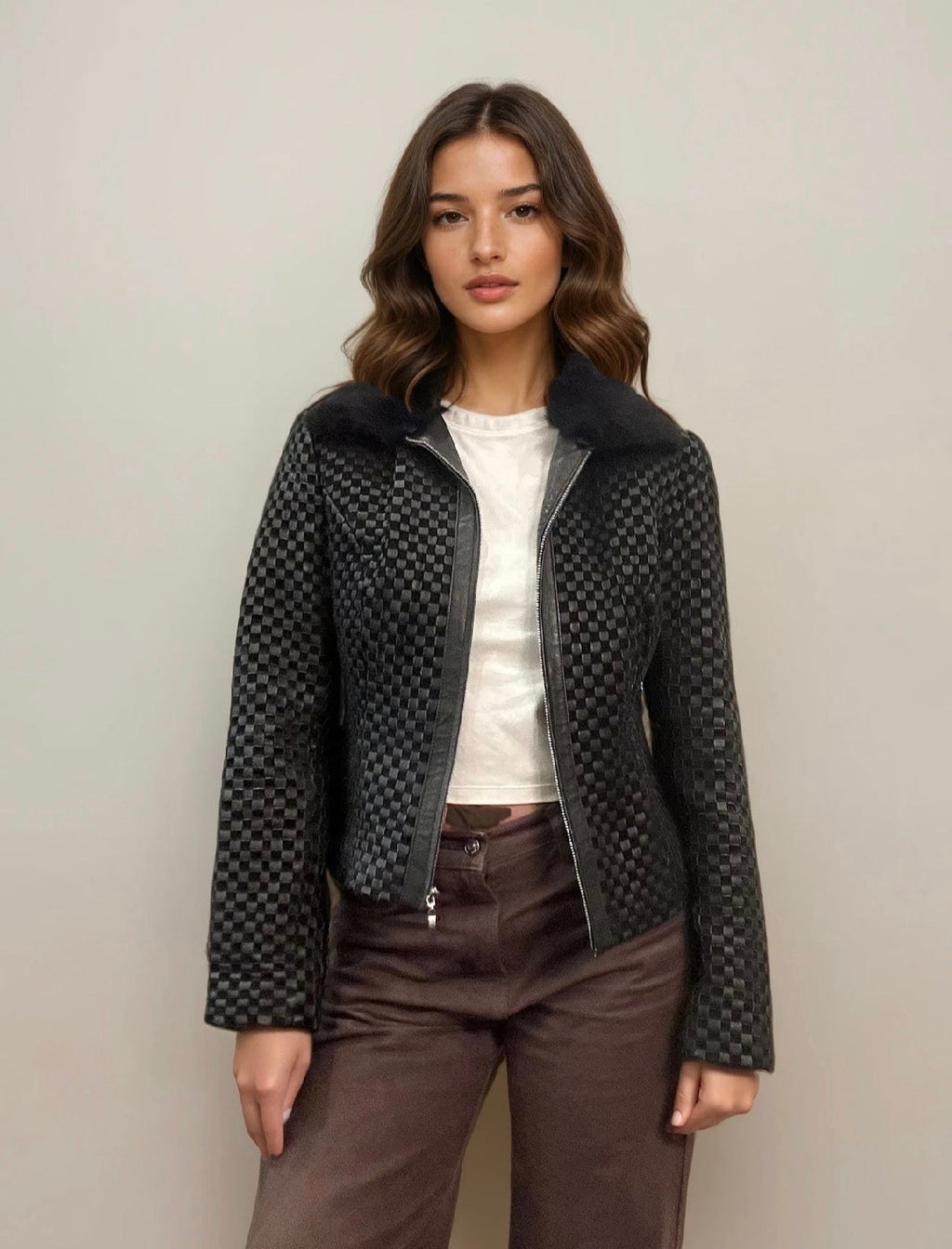 Leather Quilted Short Coat with Removable Fur Collar