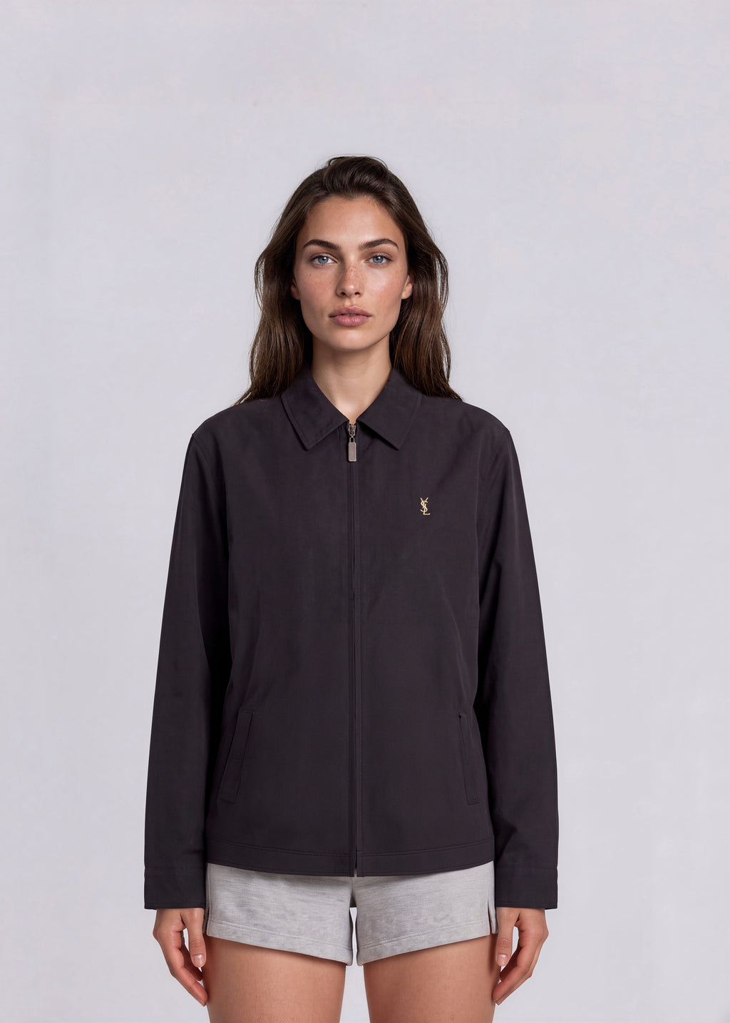 YSL Black Classic Collared Bomber with White Logo
