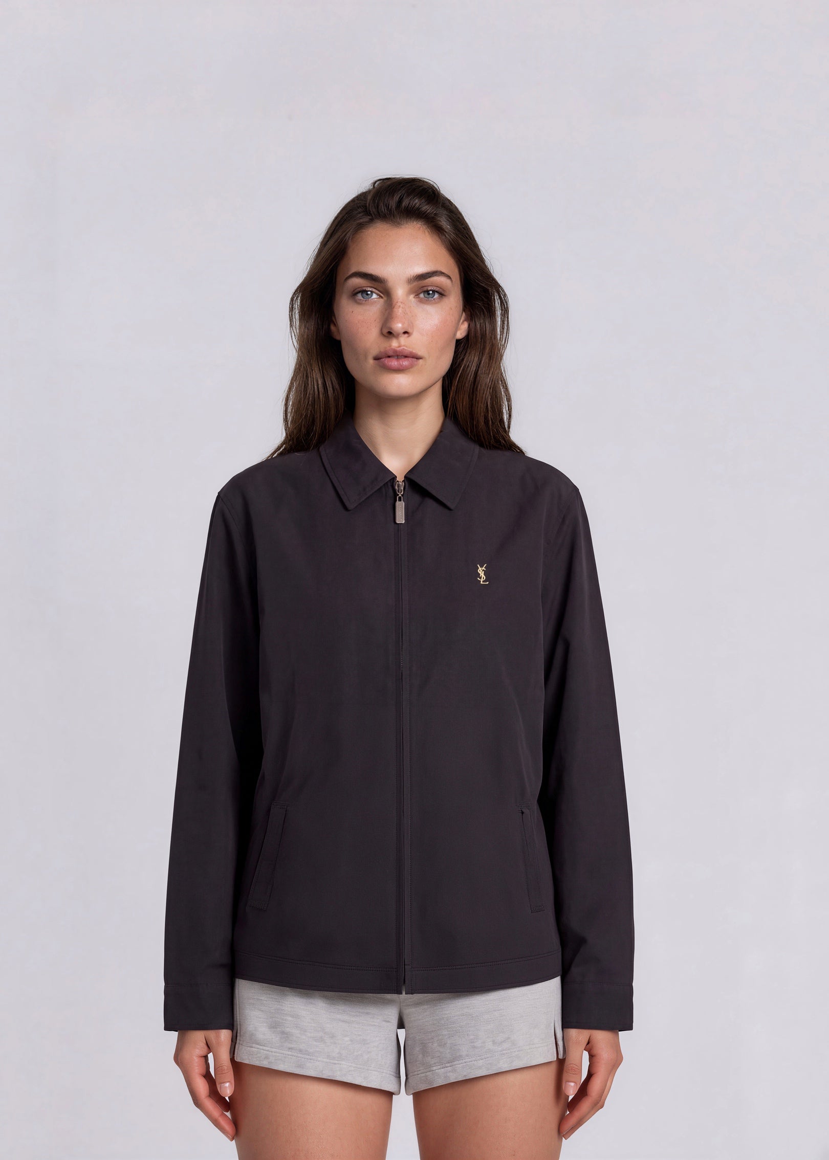 YSL Black Classic Collared Bomber with White Logo