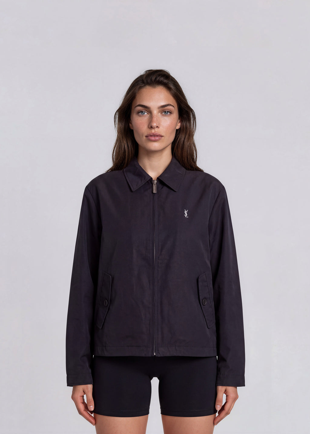 YSL Black Button Pocket Bomber with White Logo