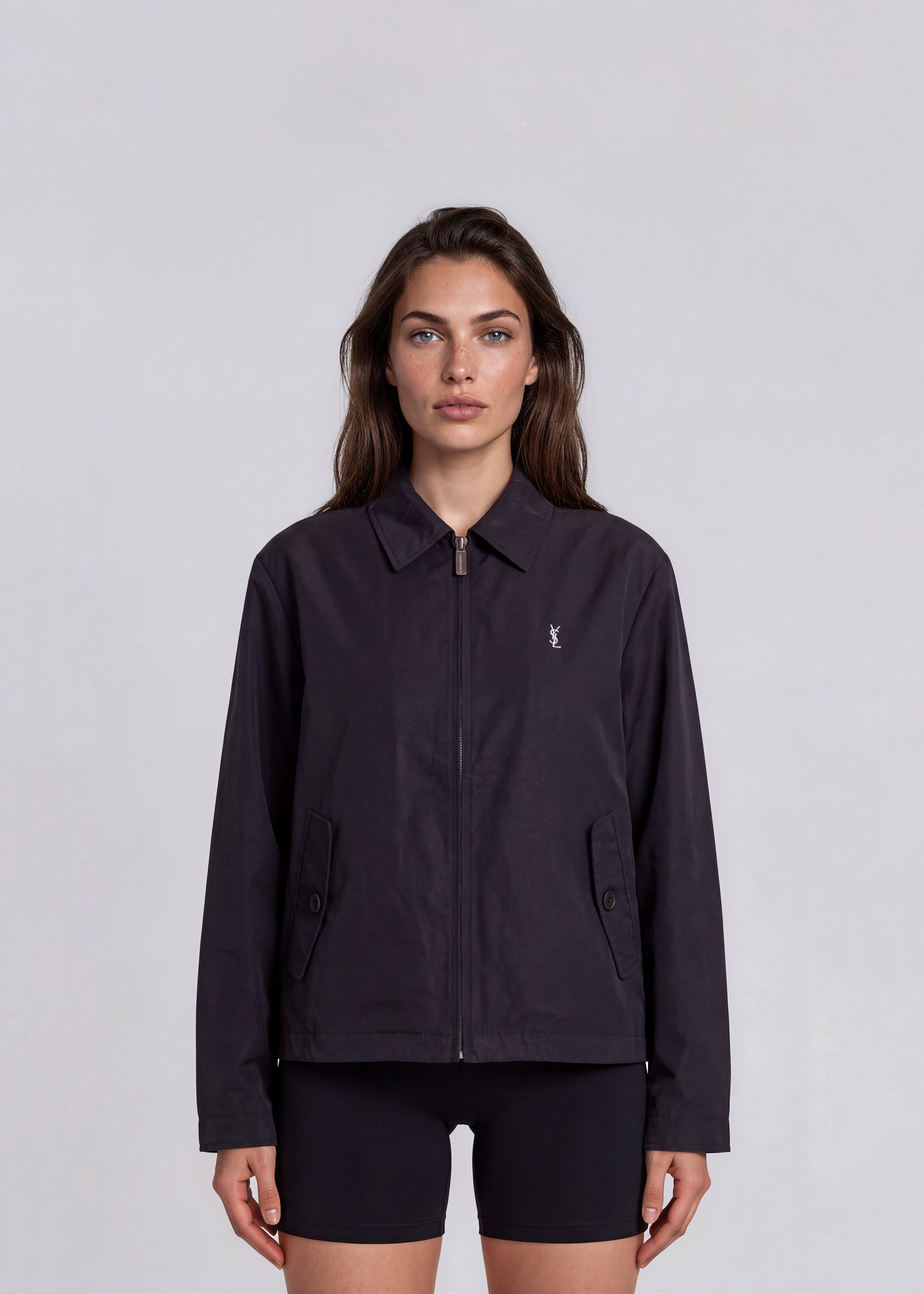 YSL Black Button Pocket Bomber with White Logo