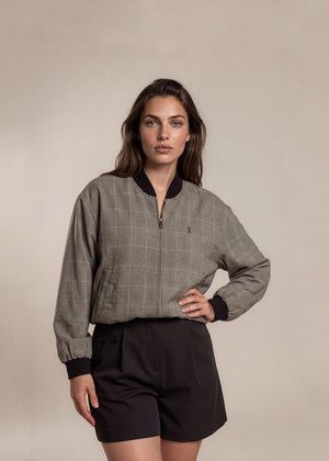 YSL Light Brown Houndstooth Plaid Knit Collared Bomber