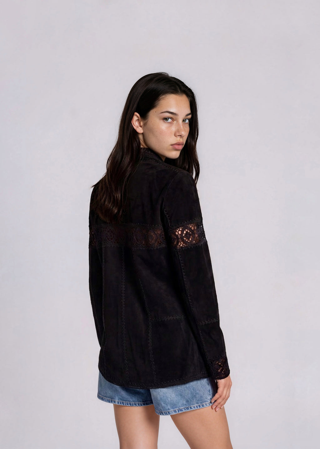 Black Suede Crochet Collared Jacket