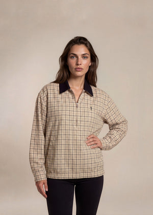 YSL Cream and Navy Plaid Bomber with Navy Collar