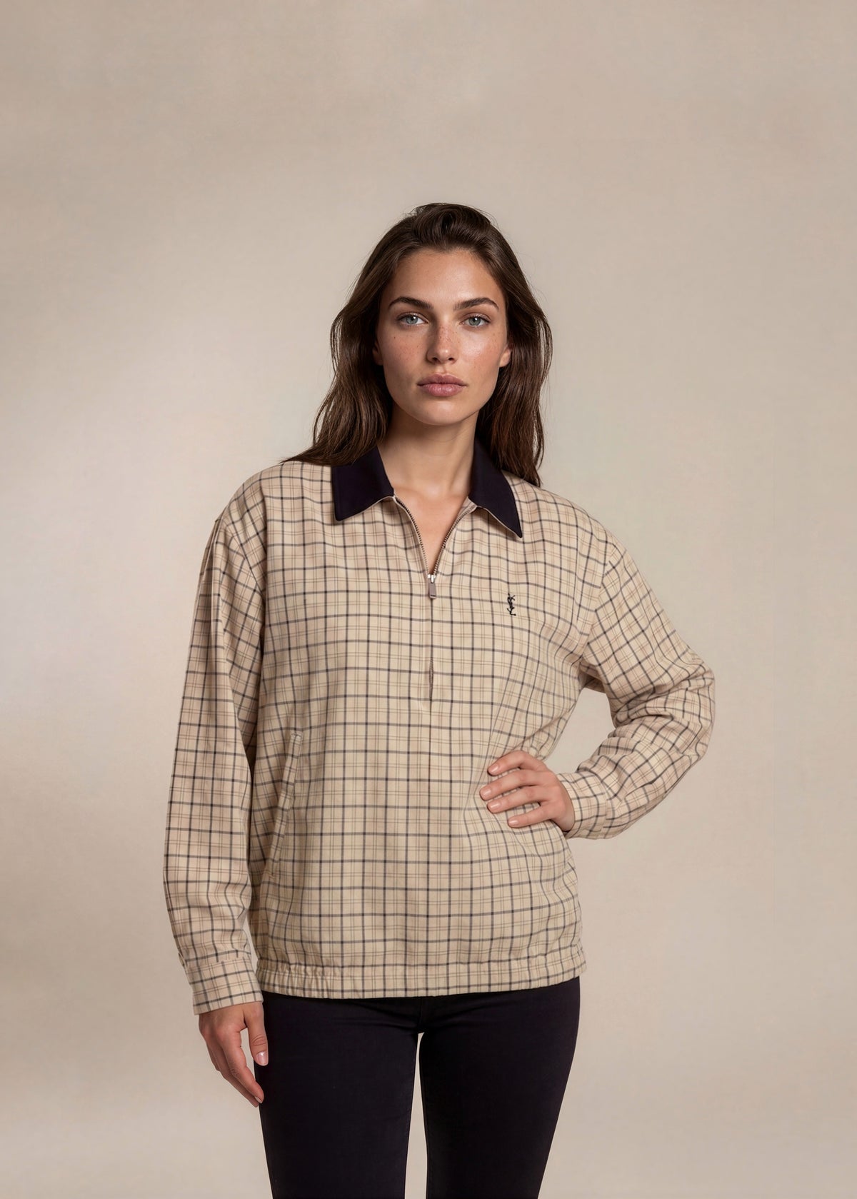 YSL Cream and Navy Plaid Bomber with Navy Collar