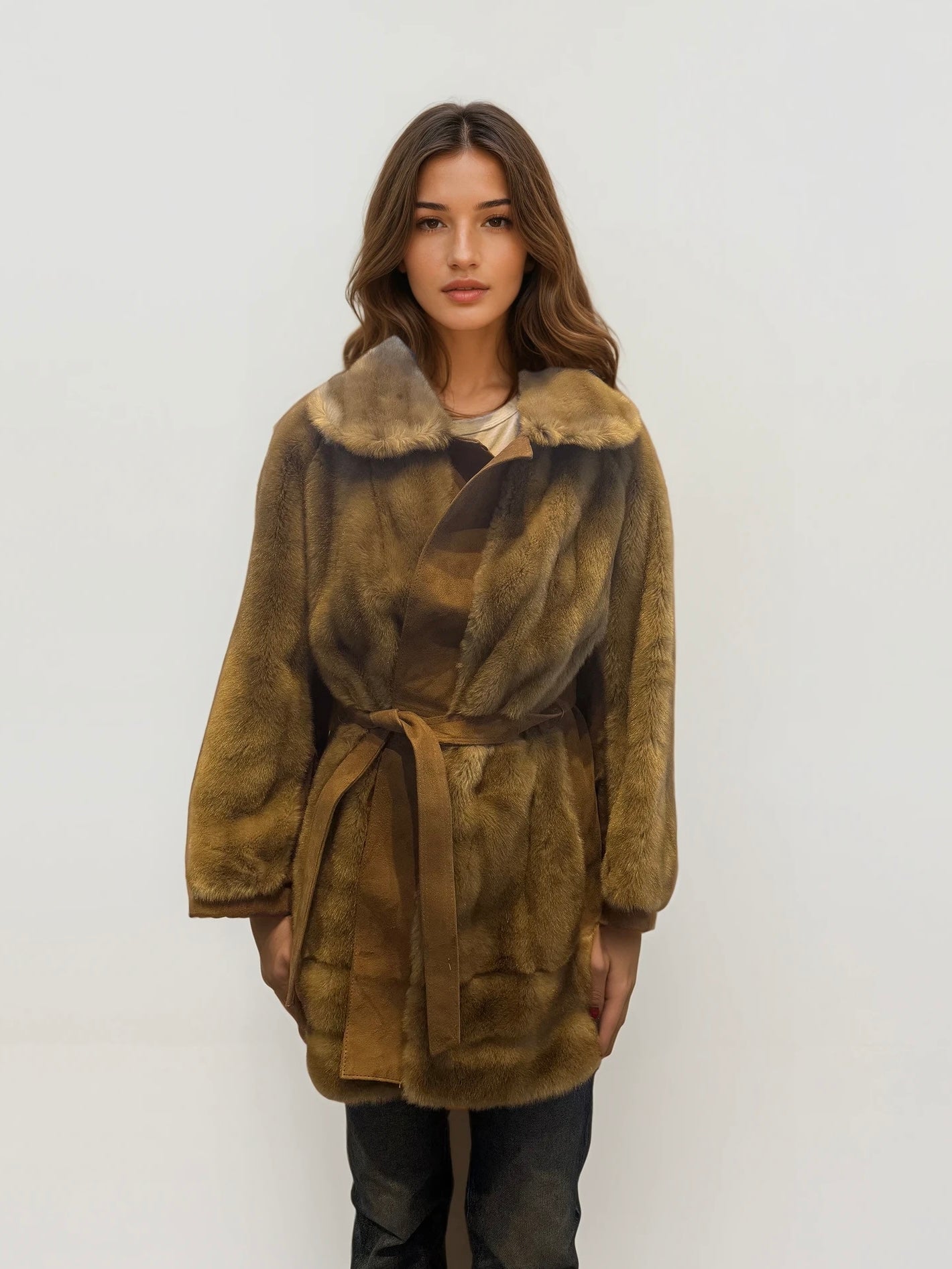 Suede and Faux Fur Belted Jacket