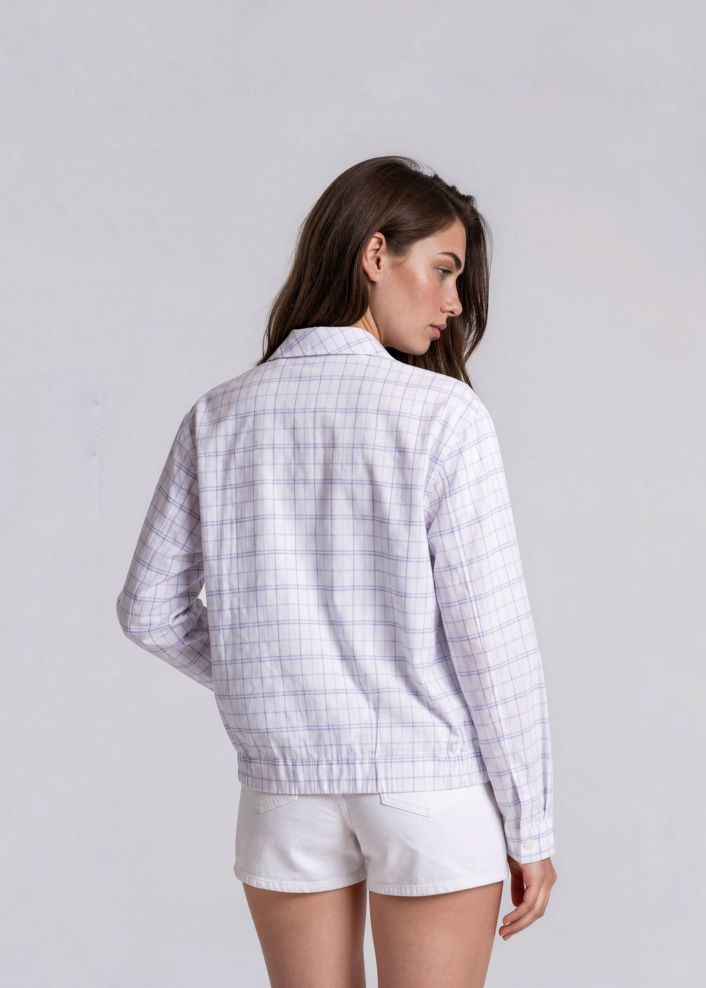 YSL Light Blue Plaid Collared Bomber with Navy Logo