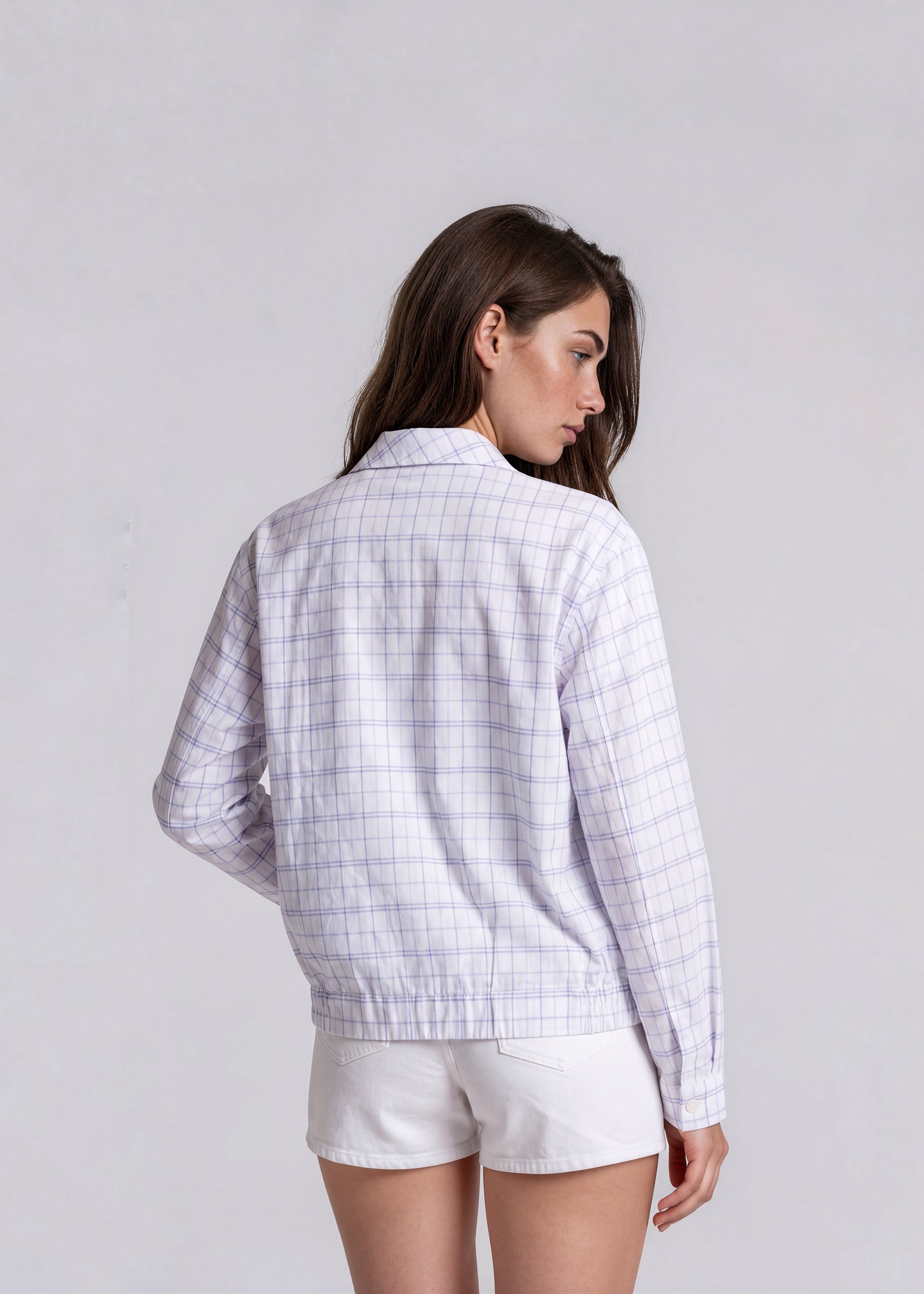 YSL Light Blue Plaid Collared Bomber with Navy Logo