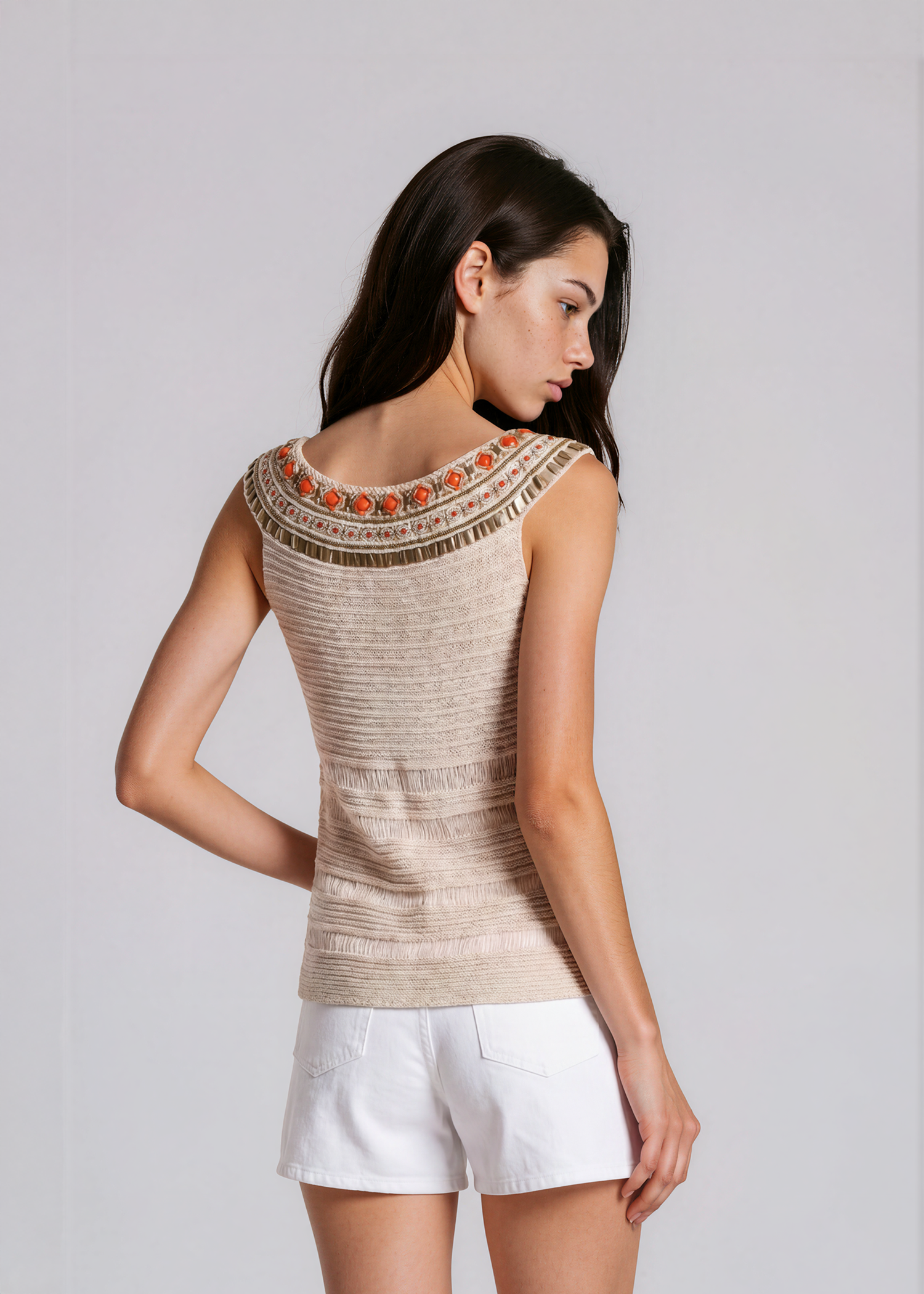 Escada Tan Beaded Top
