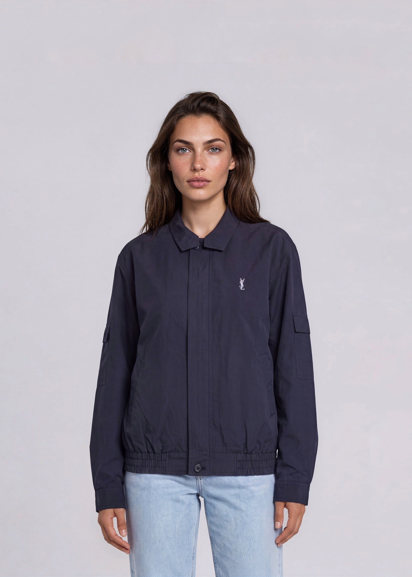 YSL Navy Classic Collared Bomber with White Logo