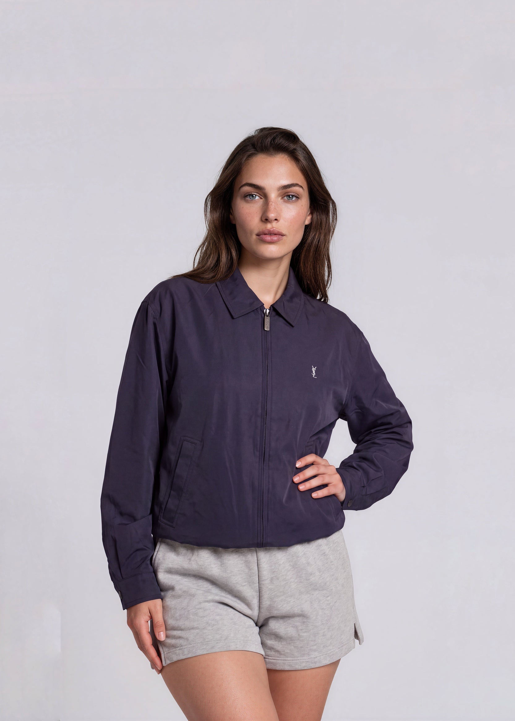 YSL Navy Classic Collared Bomber with White Logo
