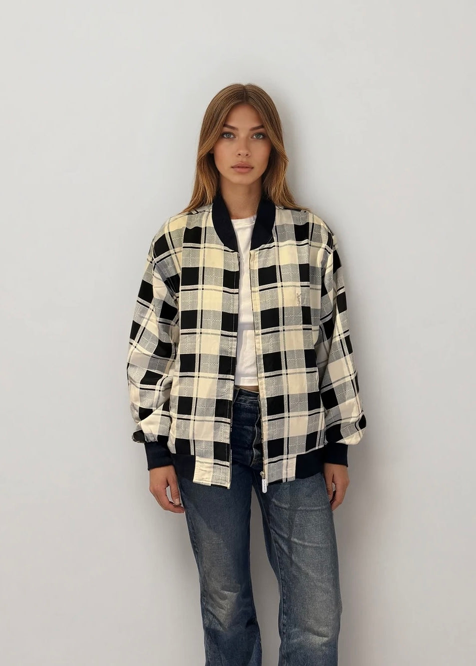 YSL Blue & White Plaid Bomber