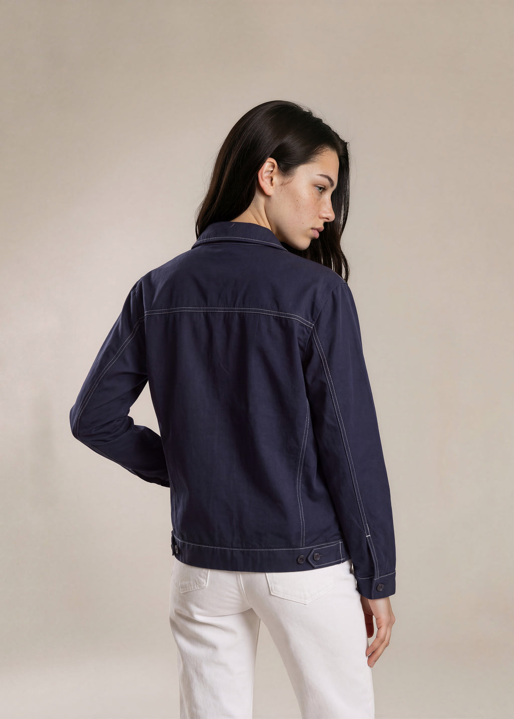 YSL Navy Contrast Stripe Classic Collared Bomber with White Logo