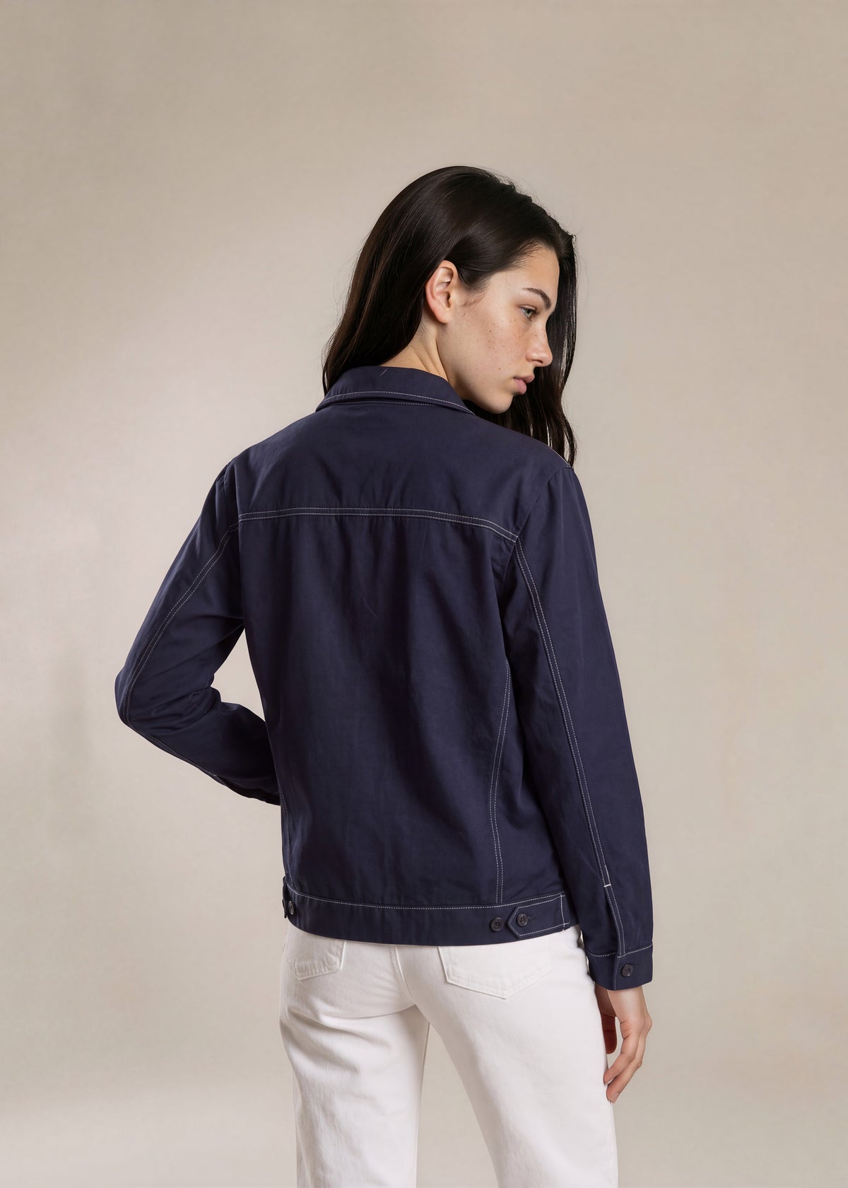 YSL Navy Contrast Stripe Classic Collared Bomber with White Logo