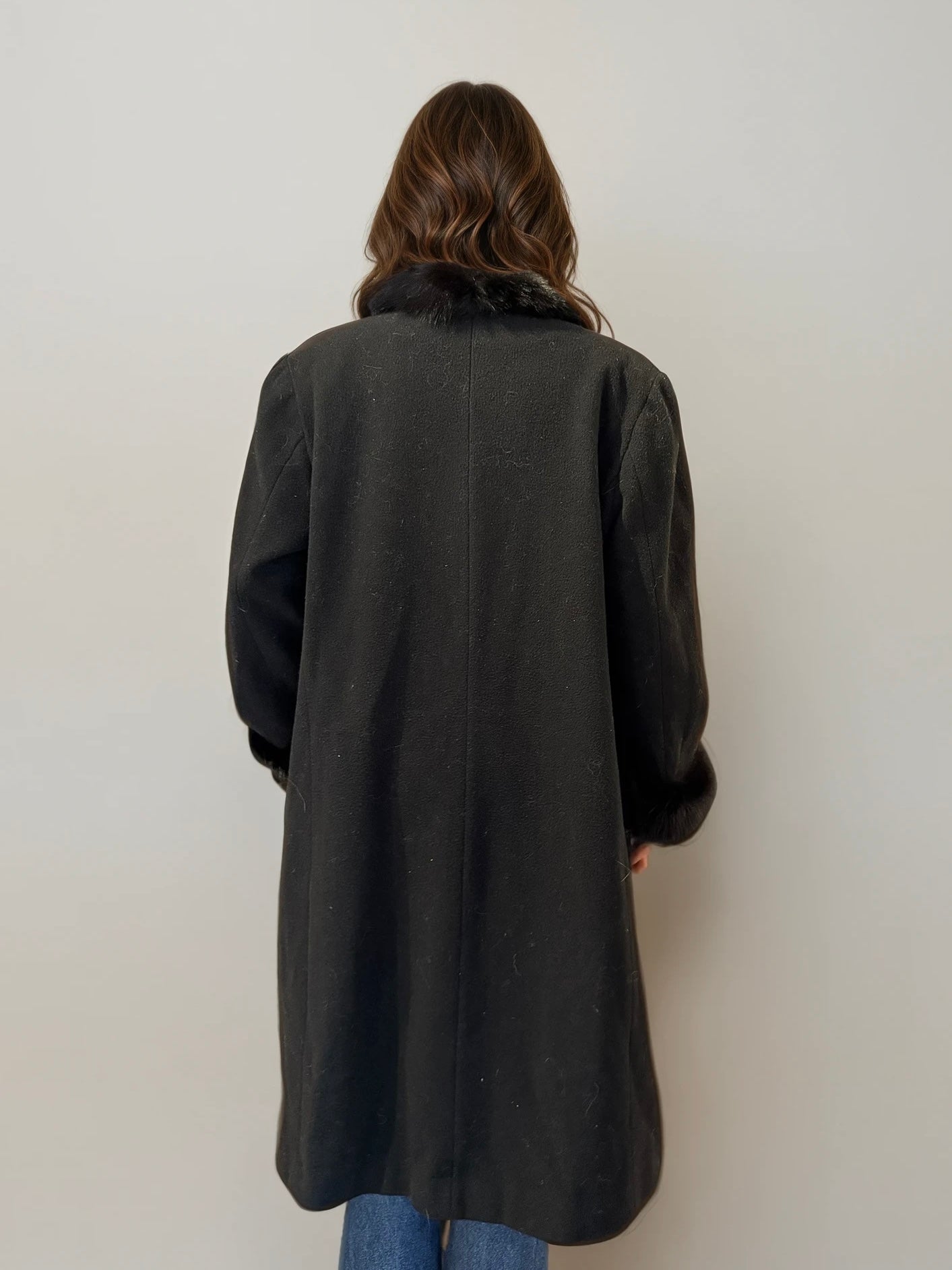 Black Wool and Fox Fur Coat