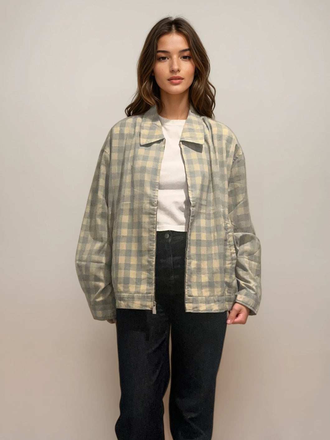 YSL Blue and Cream Plaid Bomber