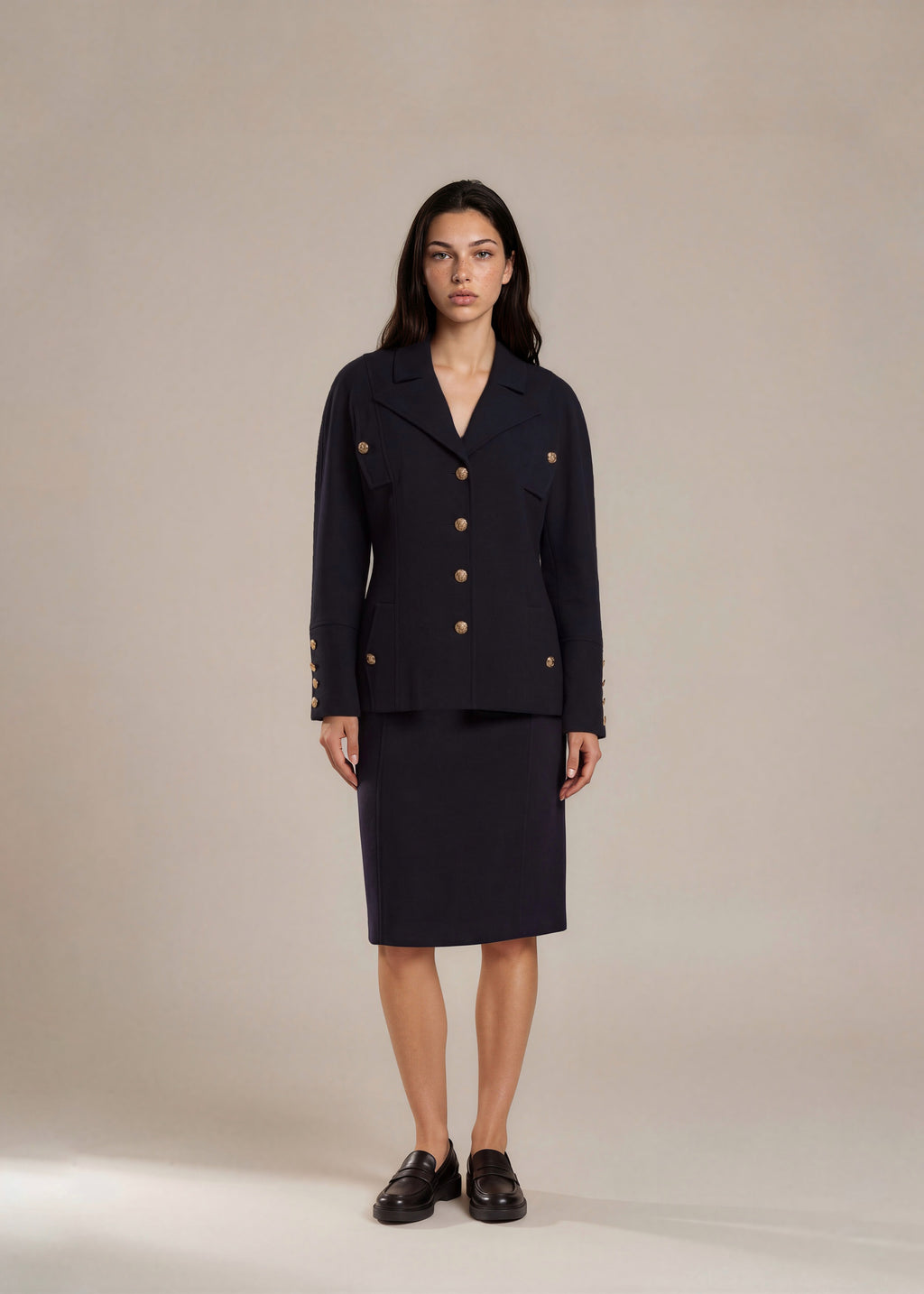 Chanel Navy Gold Button Skirt Set