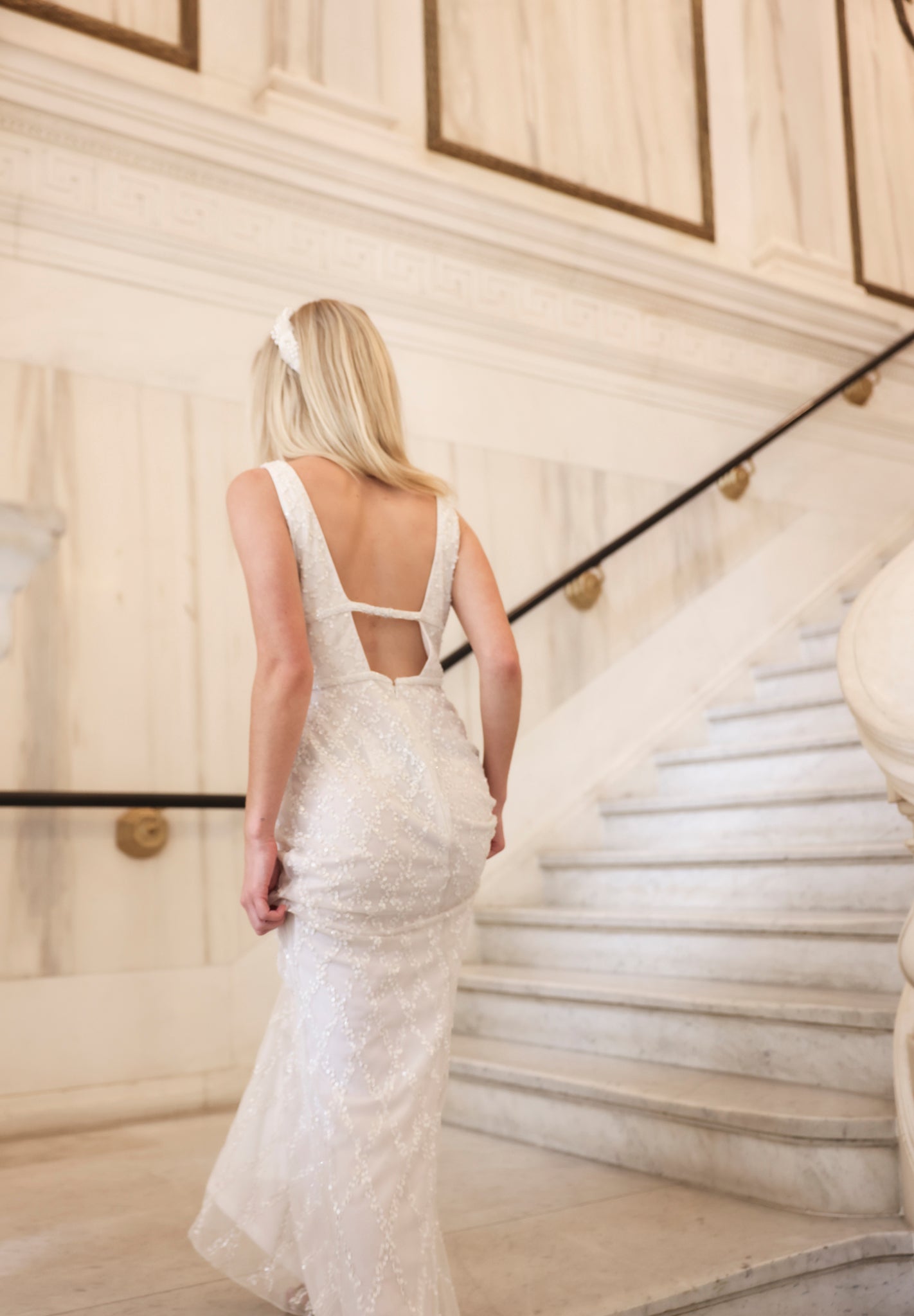 White Sequin V-neck Gown