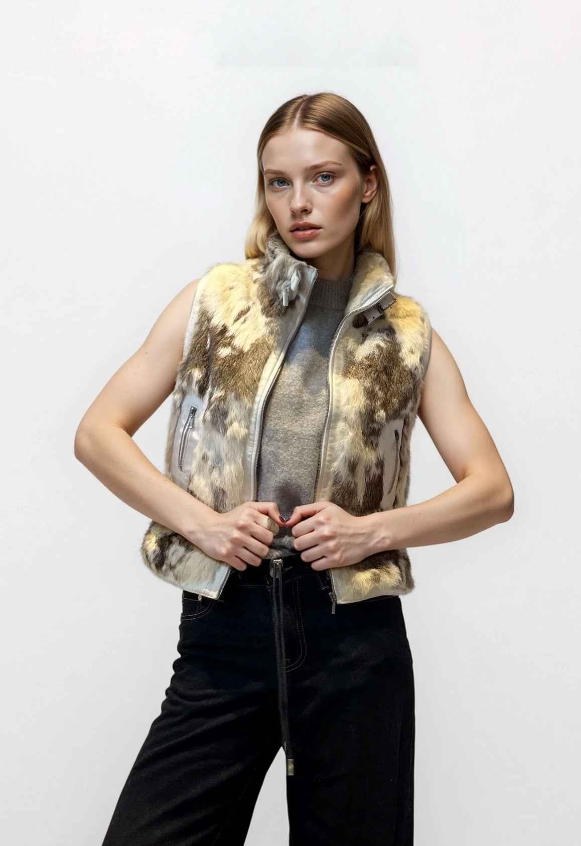 Cream & Brown Fur Moto Vest