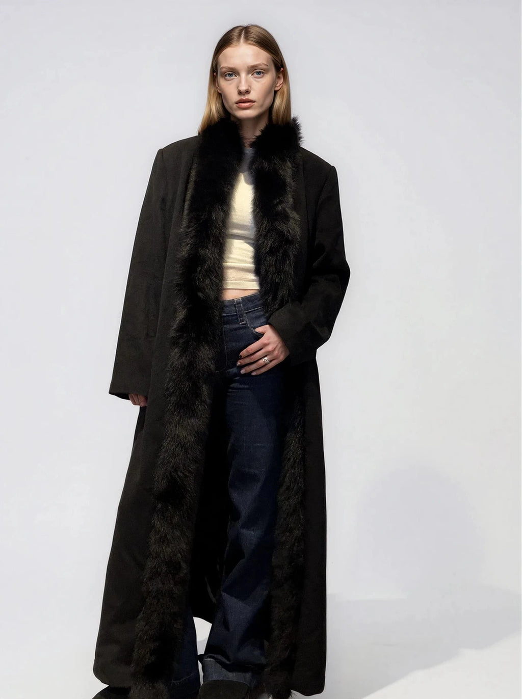 Black Collared Fur and Wool Coat