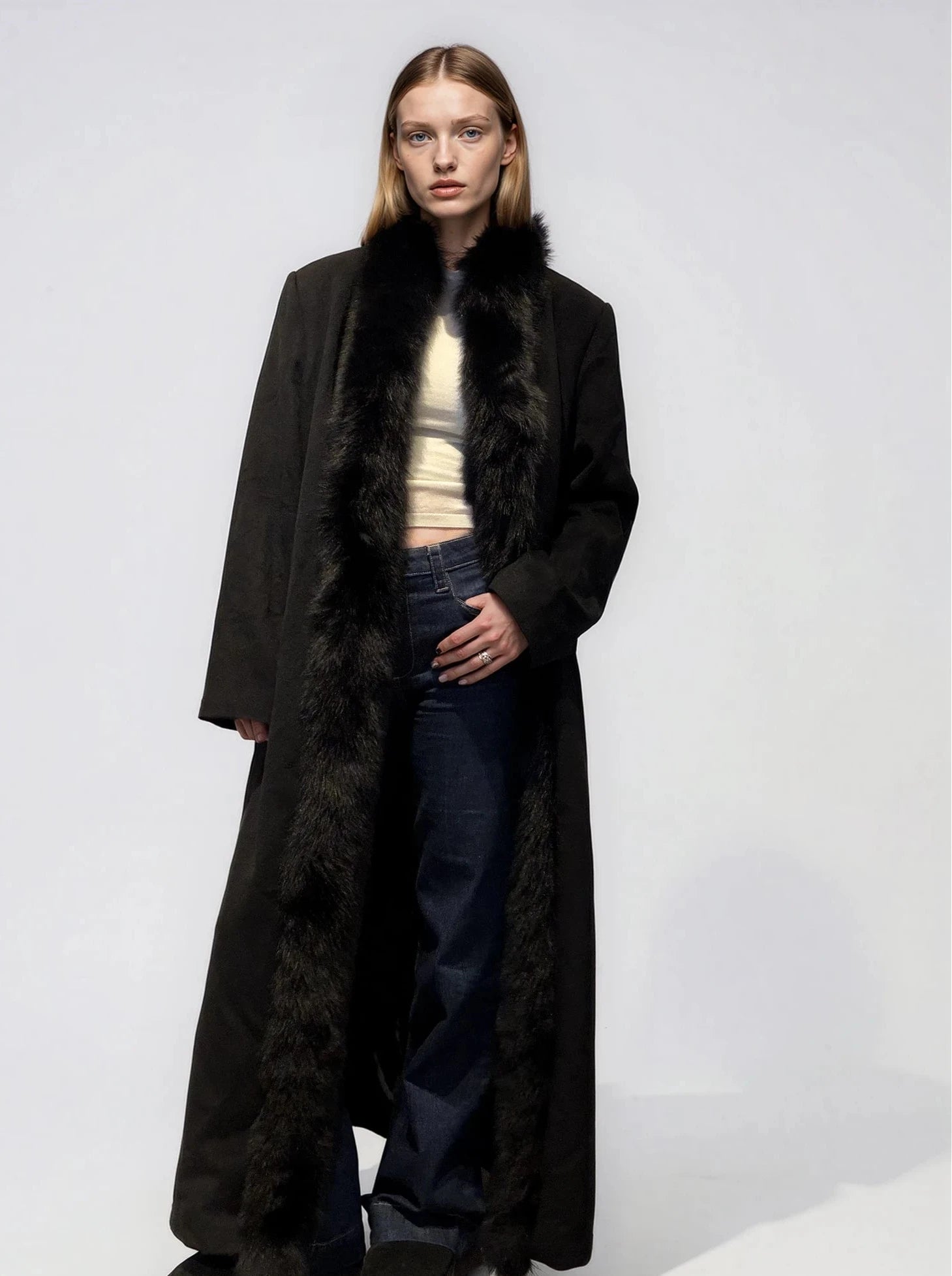 Black Collared Fur and Wool Coat