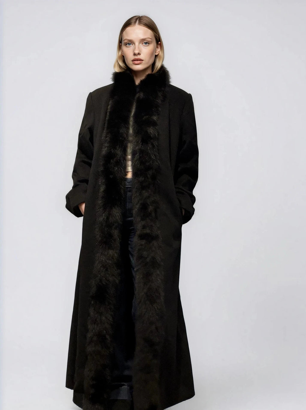 Black Collared Fur and Wool Coat