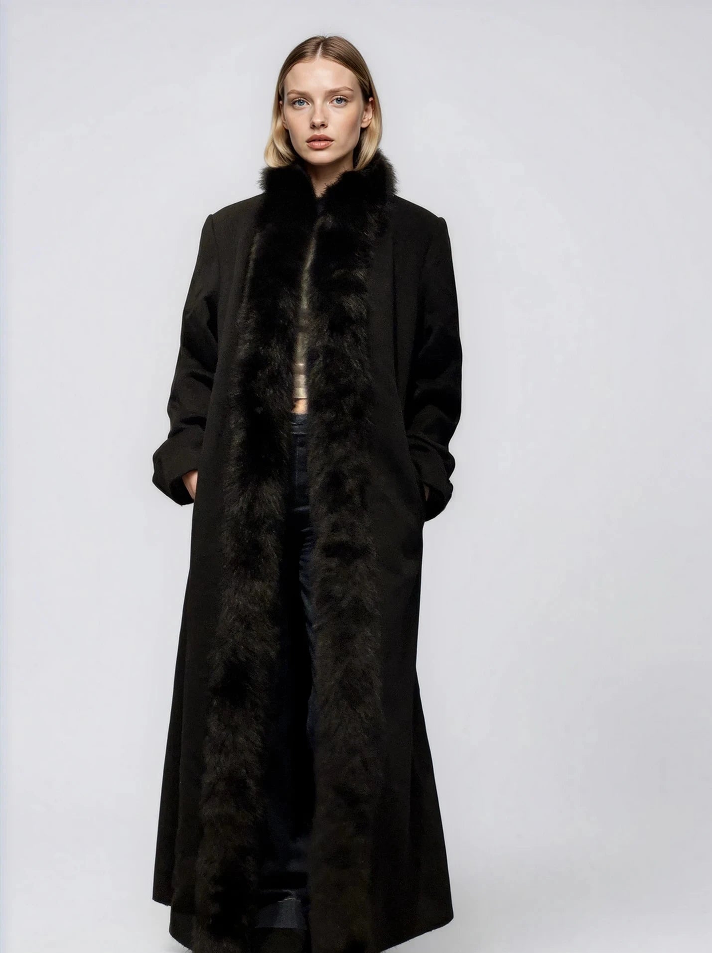 Black Collared Fur and Wool Coat