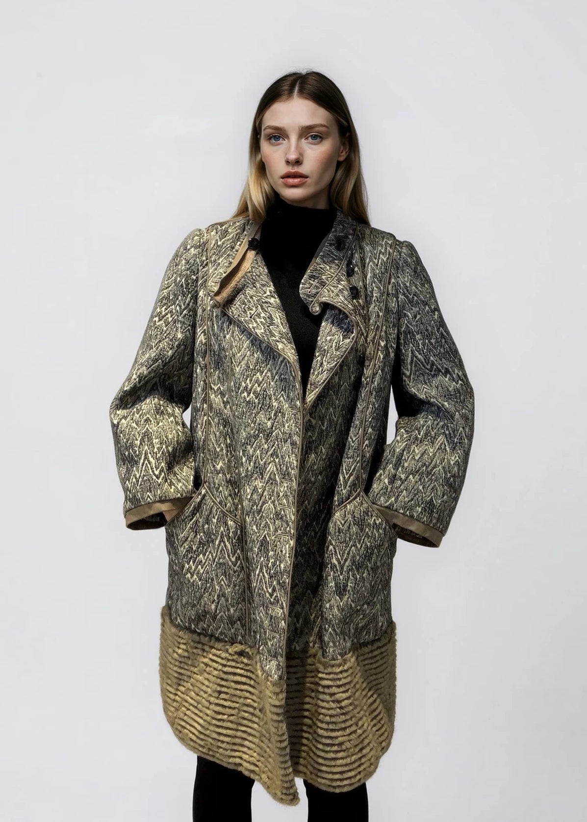 Black & White Printed Leather Trim Coat