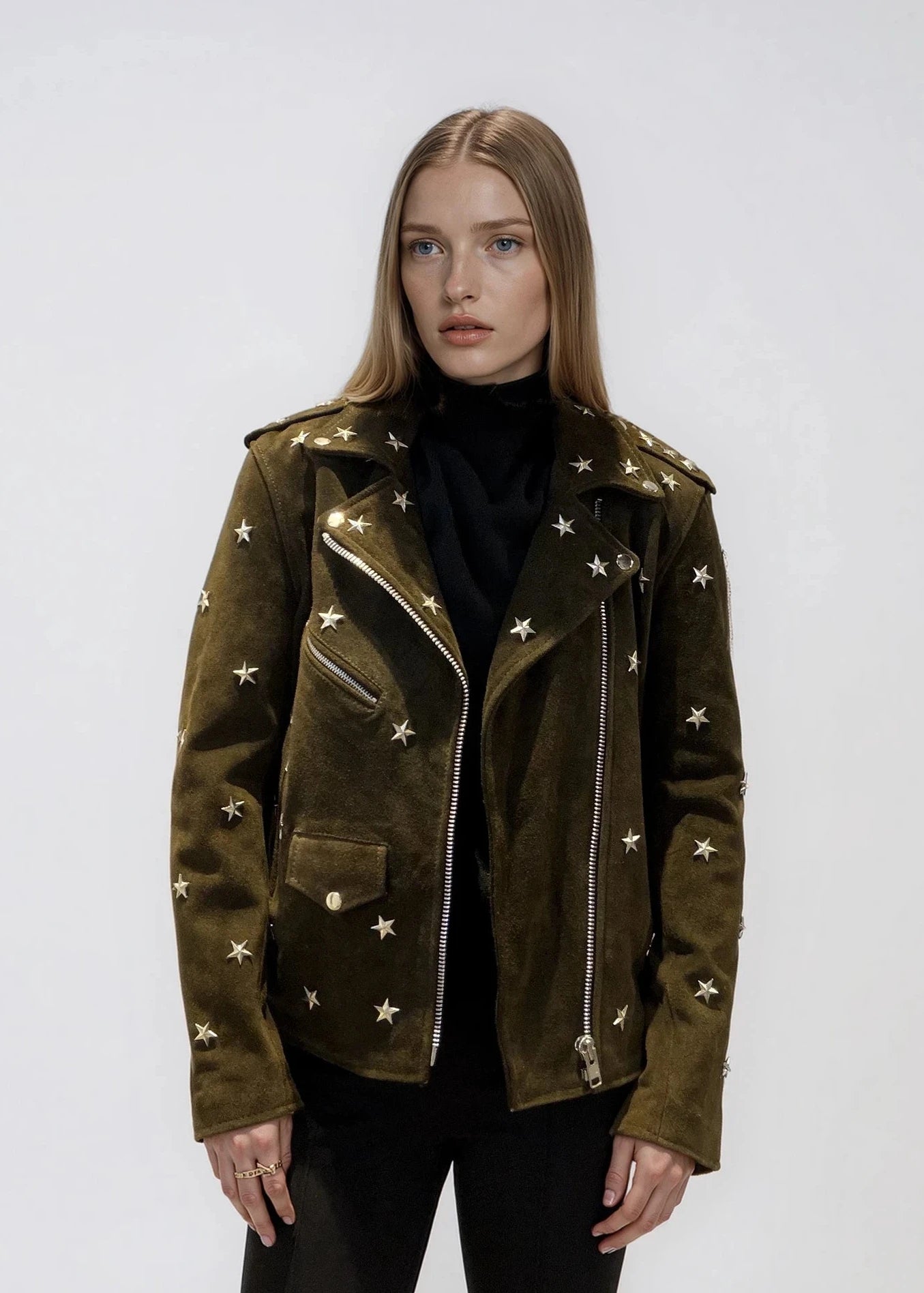 Green Suede Star Studded Moto Jacket