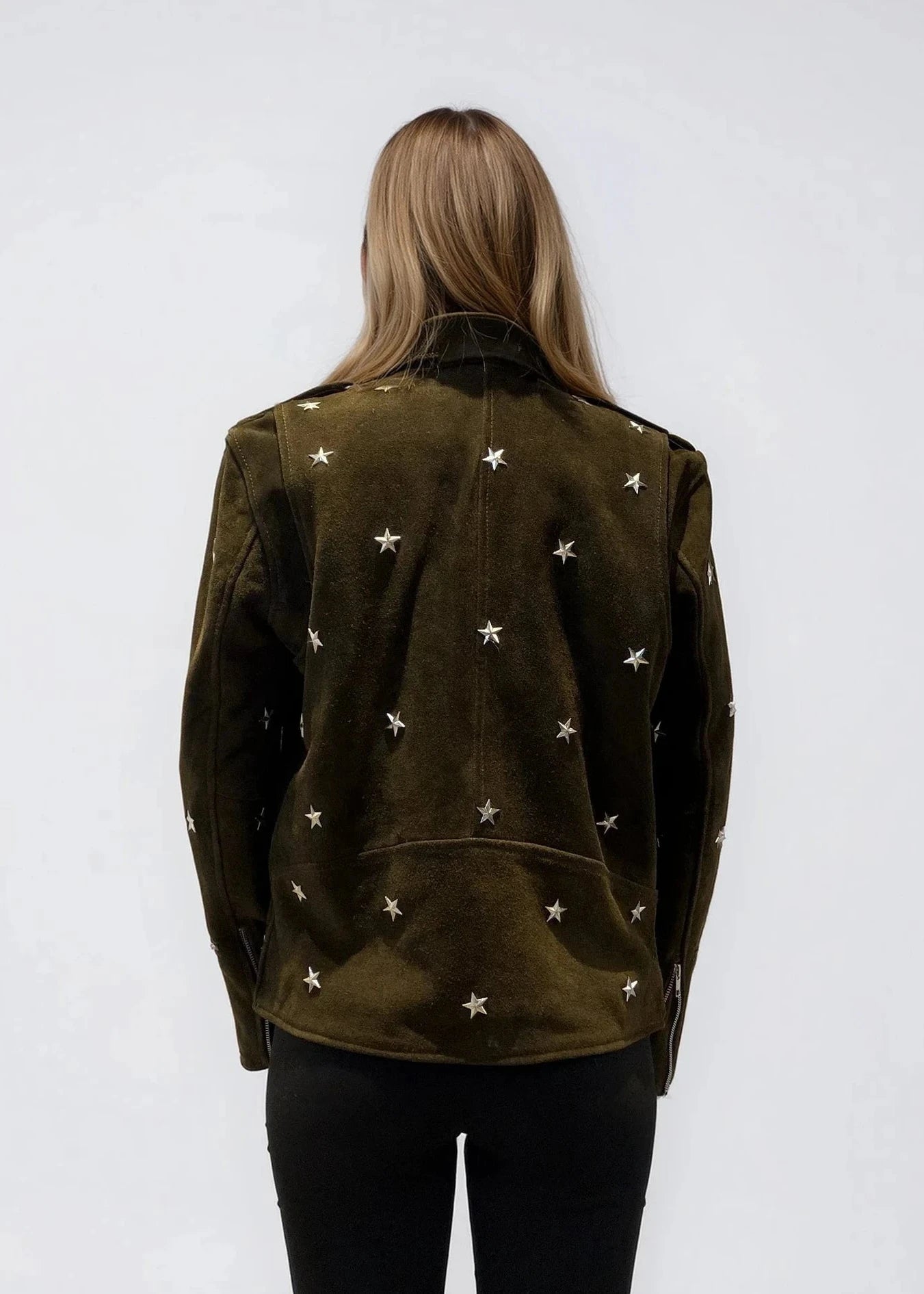 Green Suede Star Studded Moto Jacket