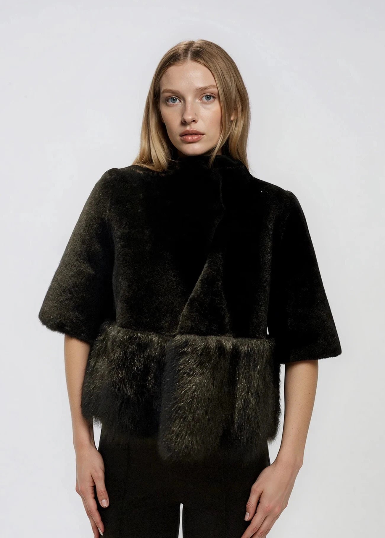 Black Fur Short Sleeve Coat