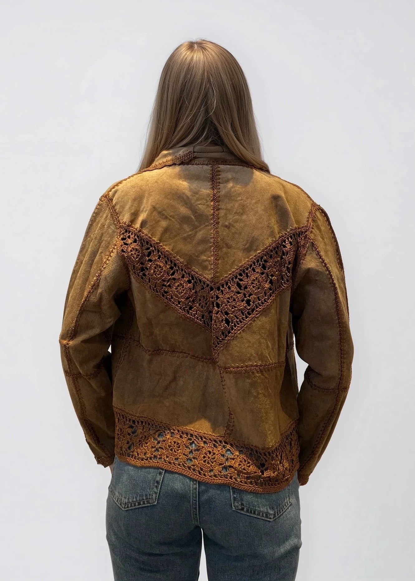 Brown Cropped Suede Crochet Jacket