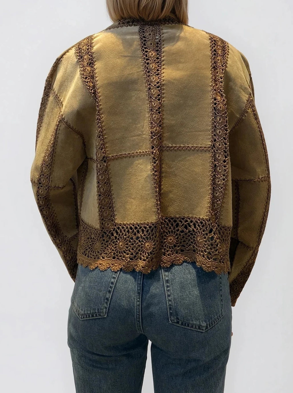 Light Brown Cropped Suede Crochet Jacket