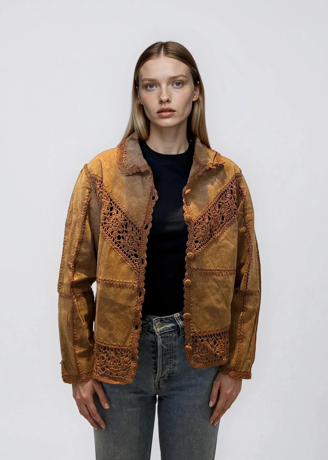 Brown Cropped Suede Crochet Jacket