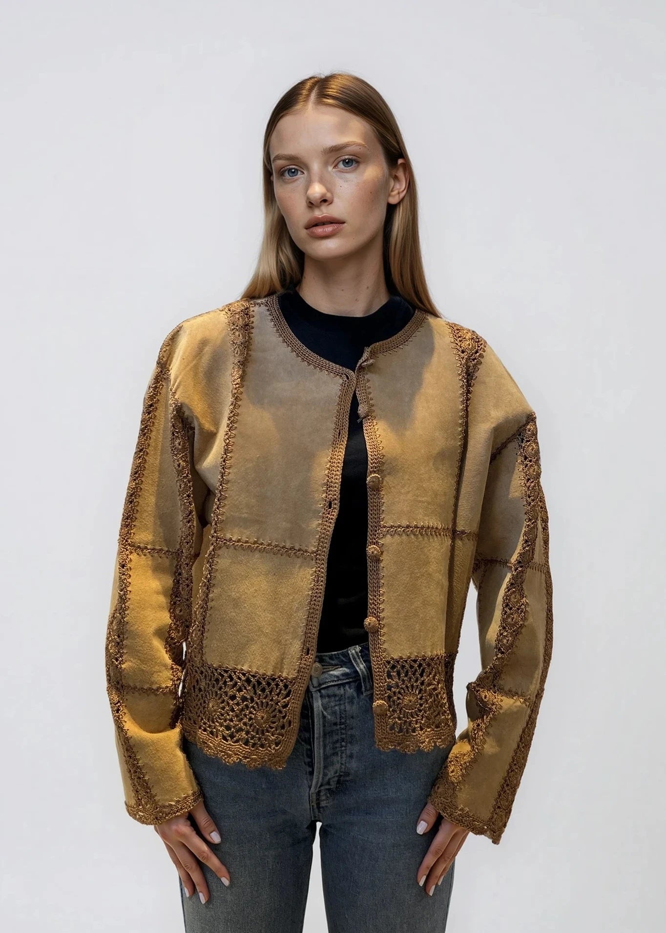 Light Brown Cropped Suede Crochet Jacket