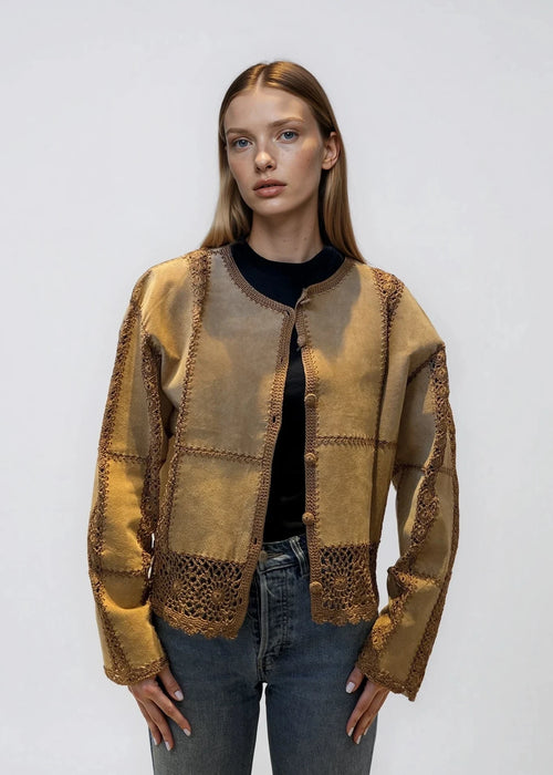 Light Brown Cropped Suede Crochet Jacket
