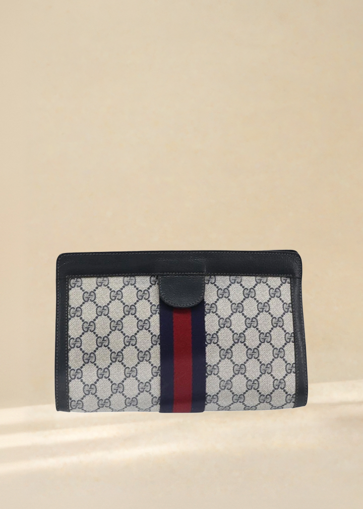 Gucci Navy Monogram Sherry Line Clutch