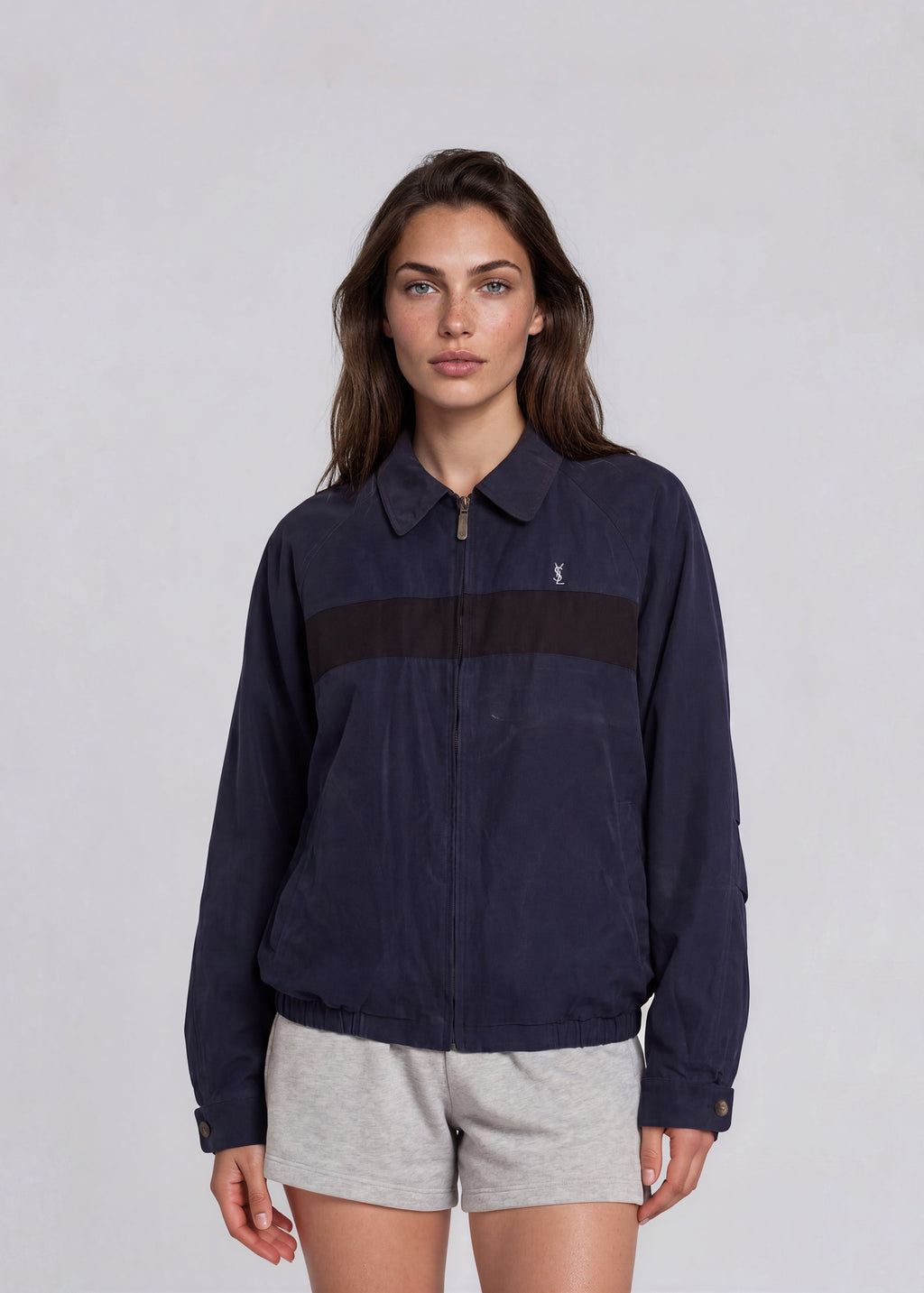 YSL Dark Blue and Navy Contrast Stripe Bomber