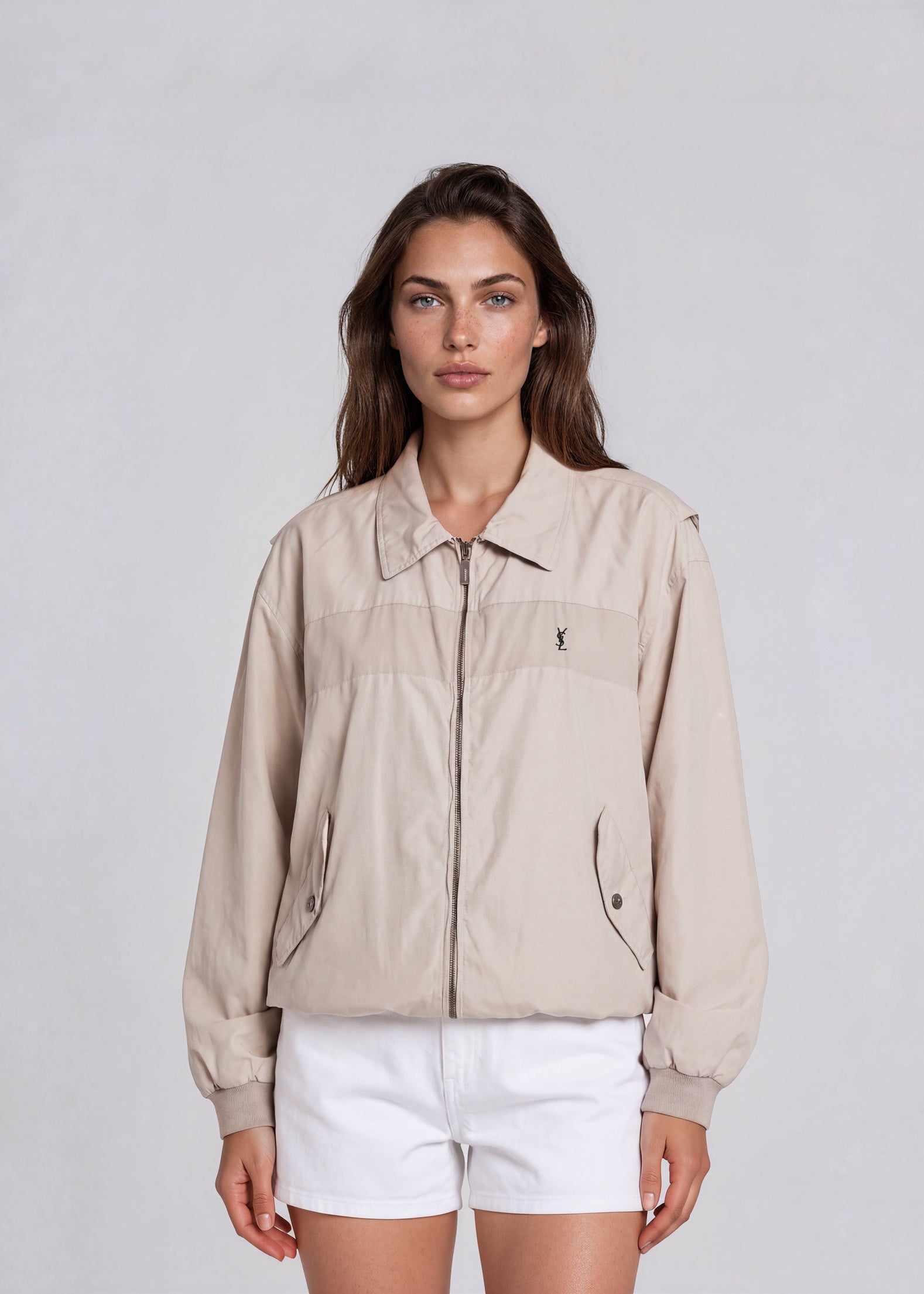 YSL Beige Contrast Stripe Bomber