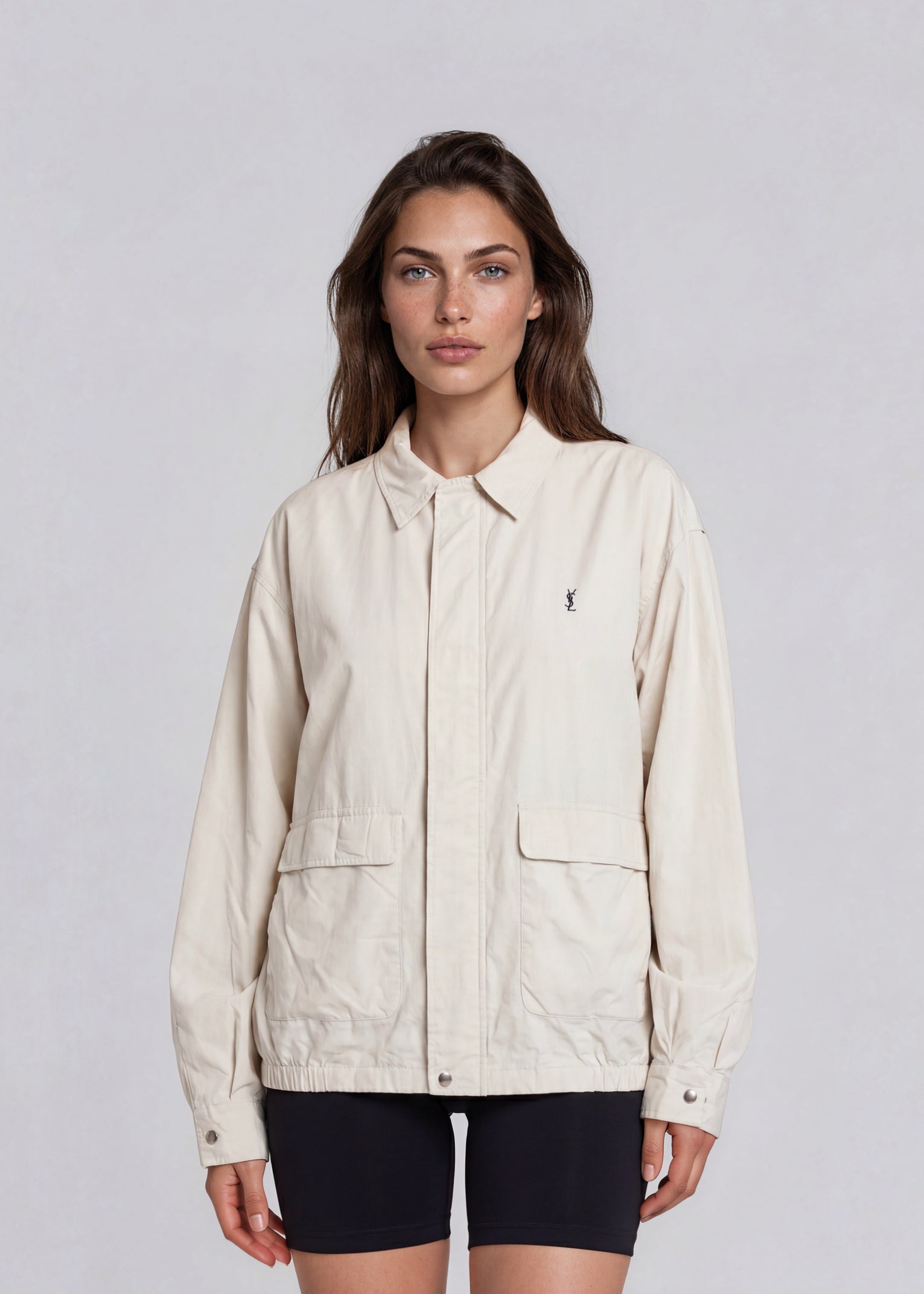 YSL Cream Pocket Bomber with Navy Logo