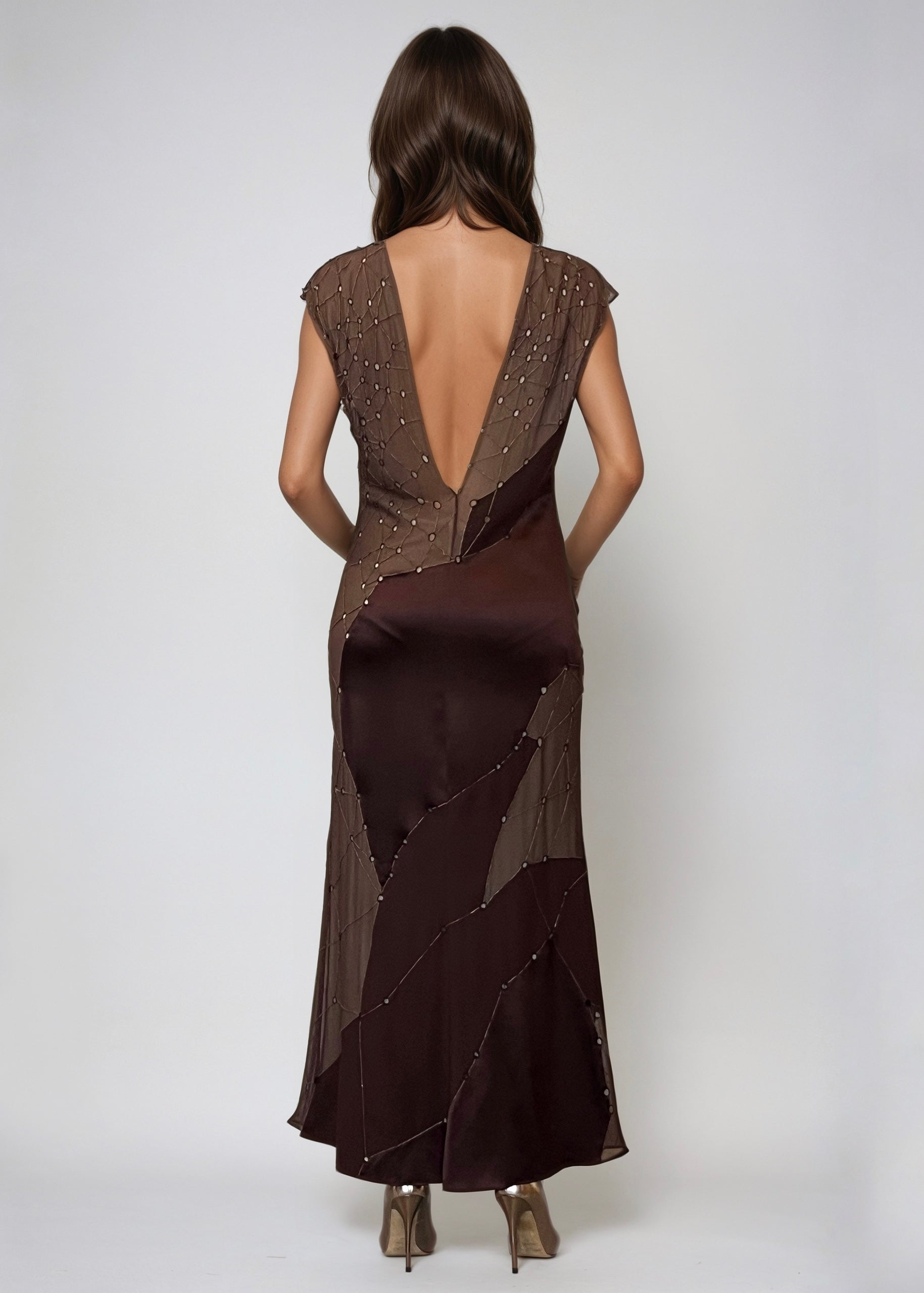 Beaded Patchwork V Neck Dress