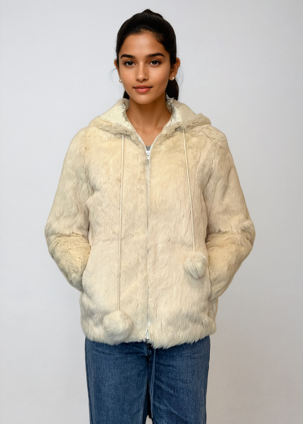 Ivory Pom Pom Fur Hooded Jacket