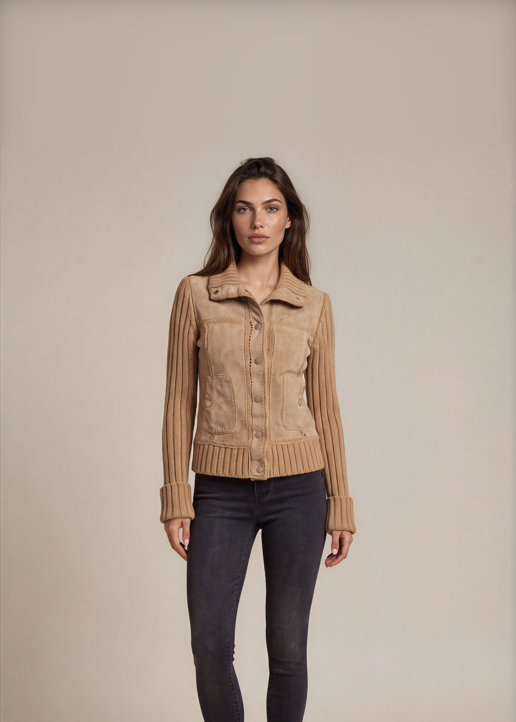 Tan Suede Knit Sleeve Jacket front