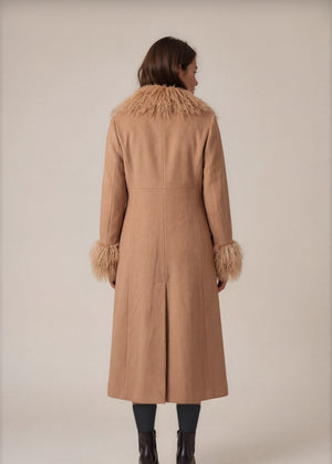 Camel Wool Fur Trim Long Coat